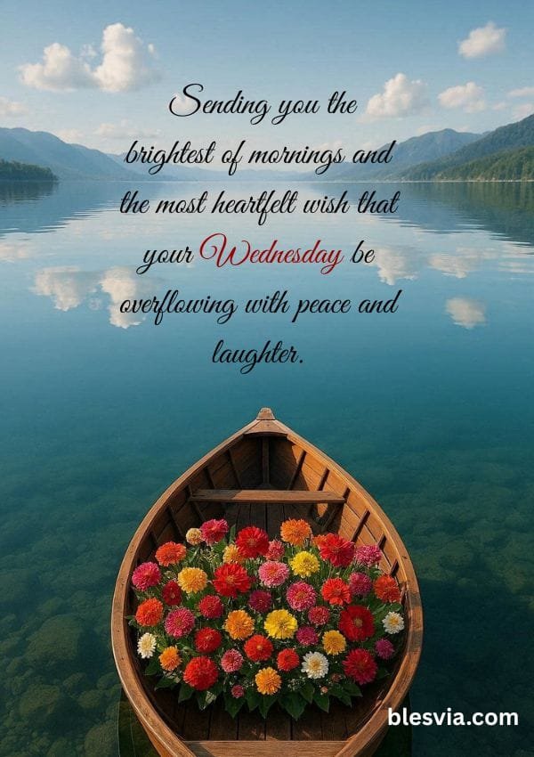Good Morning Happy Wednesday Blessings for Family and Friends with boat of flowers background