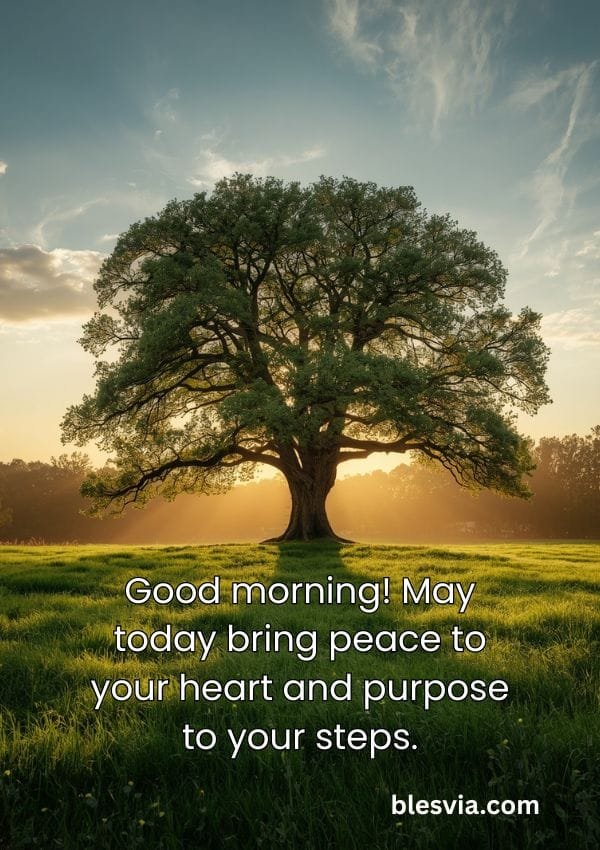 Good Morning July Blessings with Majestic tree standing alone background