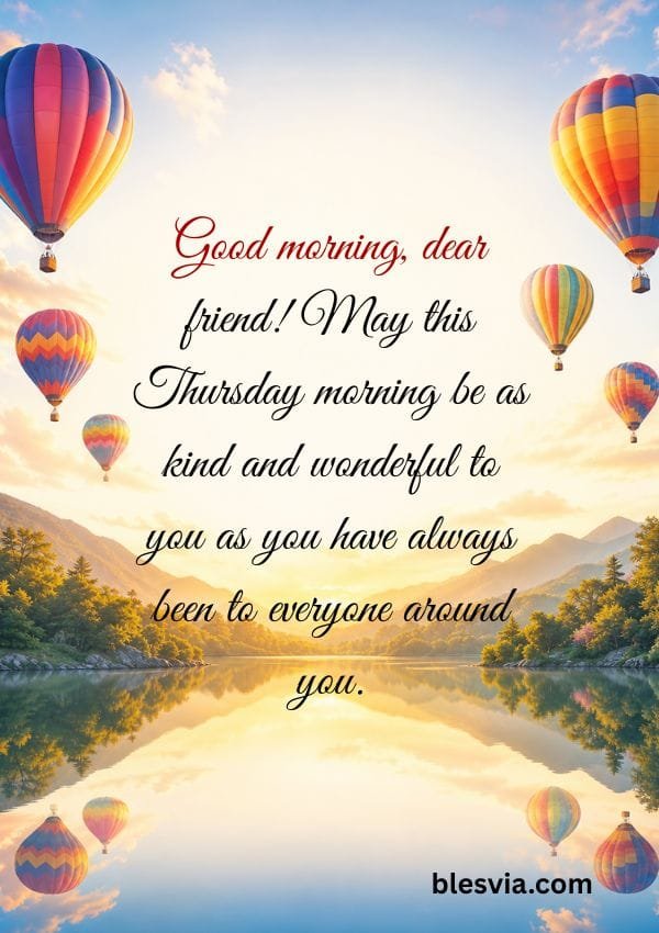 Good Morning Thursday Wishes for Friends with hot air balloon background