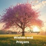 Happy Easter Blessings with flowering tree background title image