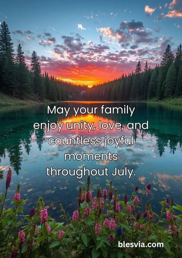 July Prayers with Crystal-clear lake reflecting background