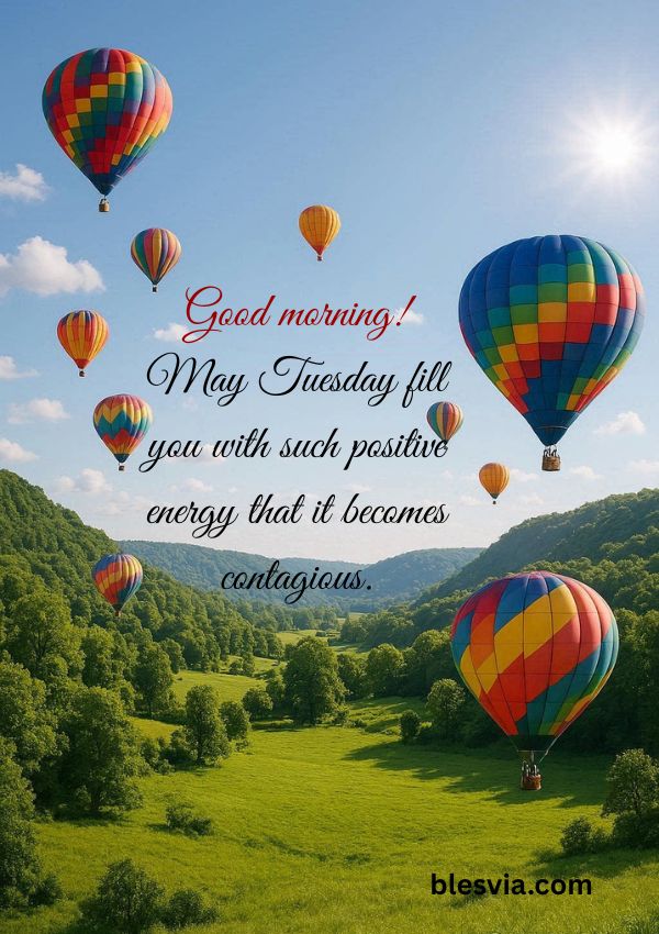 Positive Good Morning Tuesday Blessings with hot air balloons background