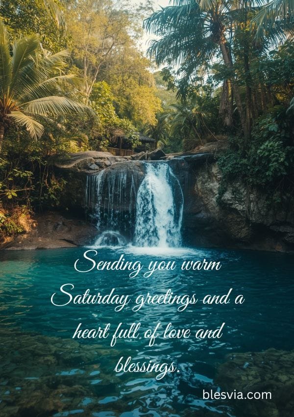 Saturday Greetings and Blessings with waterfall background