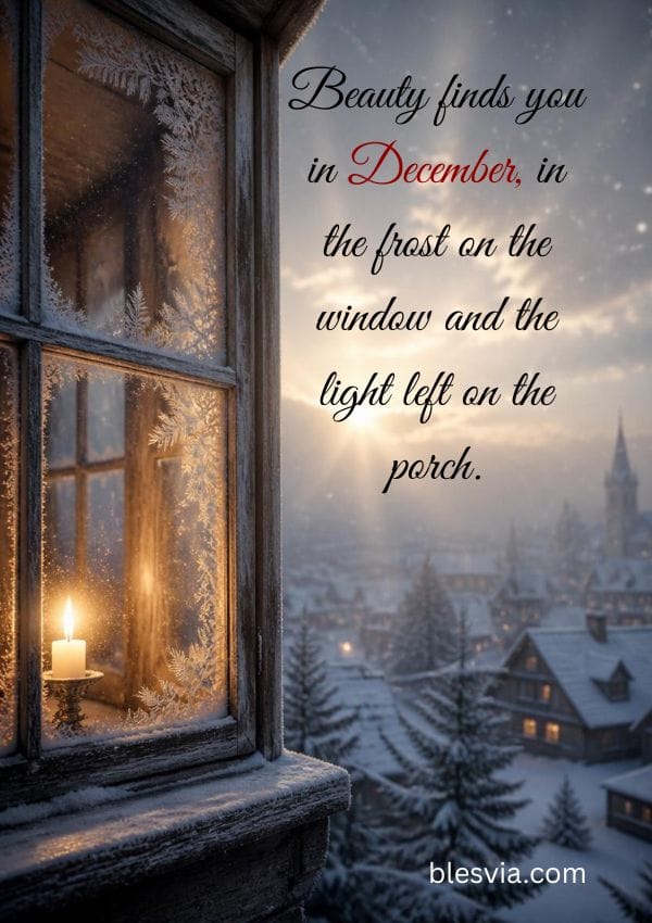 Beautiful December Quotes window , candle and snow background