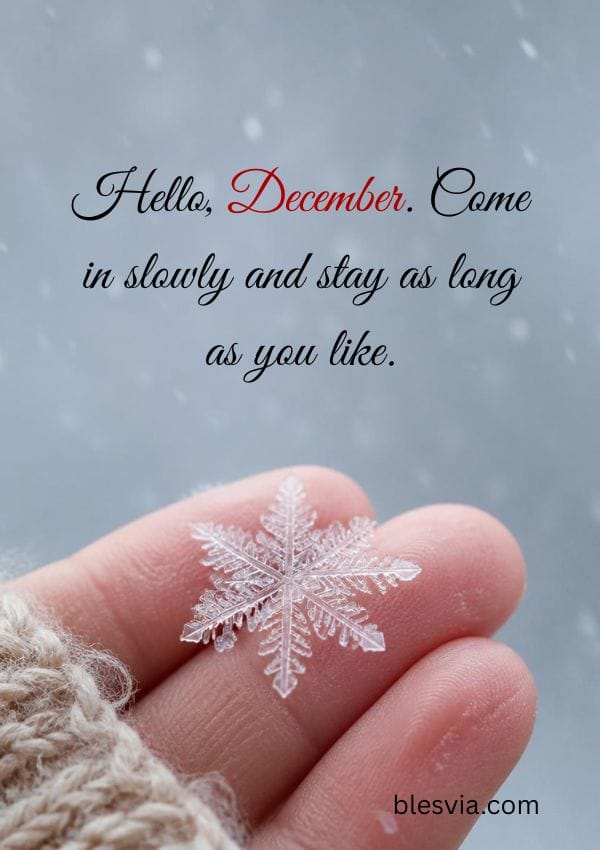 Hello December Quotes with fingers and snowflake background